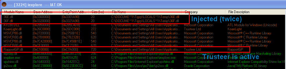 Anti rapport module is injected into iexplore.exe (rapport is loaded)