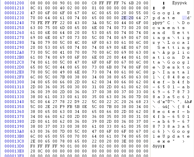 Hive dump of the RUN key – Notice the weird characters after the “Google Update” name