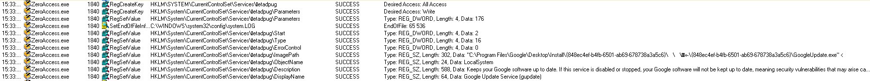 ProcMon capture : ZeroAccess creating its service key
